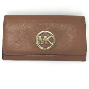 Michael Kors Fulton Flap Continental Pebbled Leather Wallet MK Logo Brown Clutch